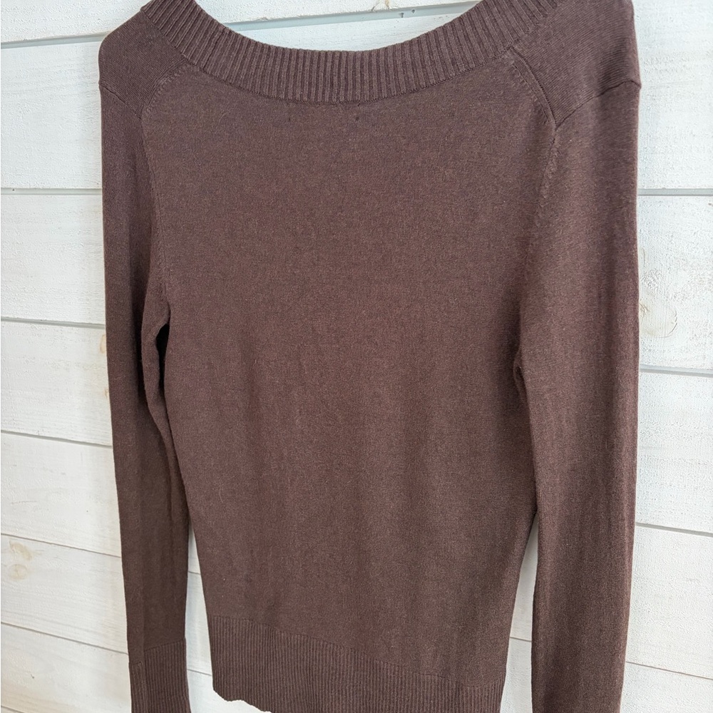Banana Republic Deep V-Neck ChocolateBrown silk cotton cashmere sweater women S - Picture 4 of 7